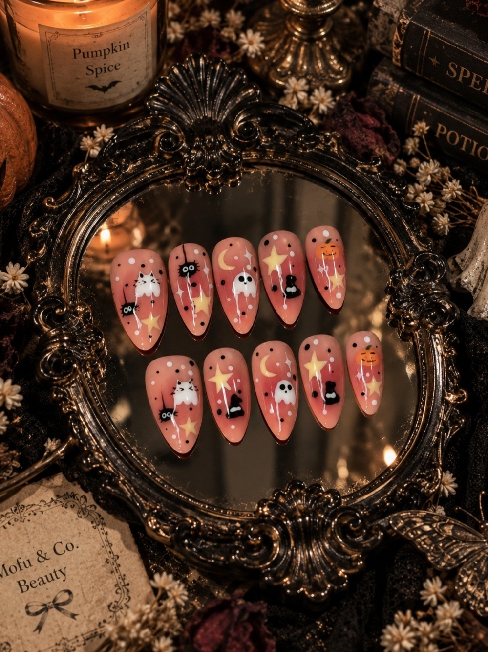 Acrylic Kawaii Handmade Halloween Press-On Nails with Ghost & Pumpkin Designs